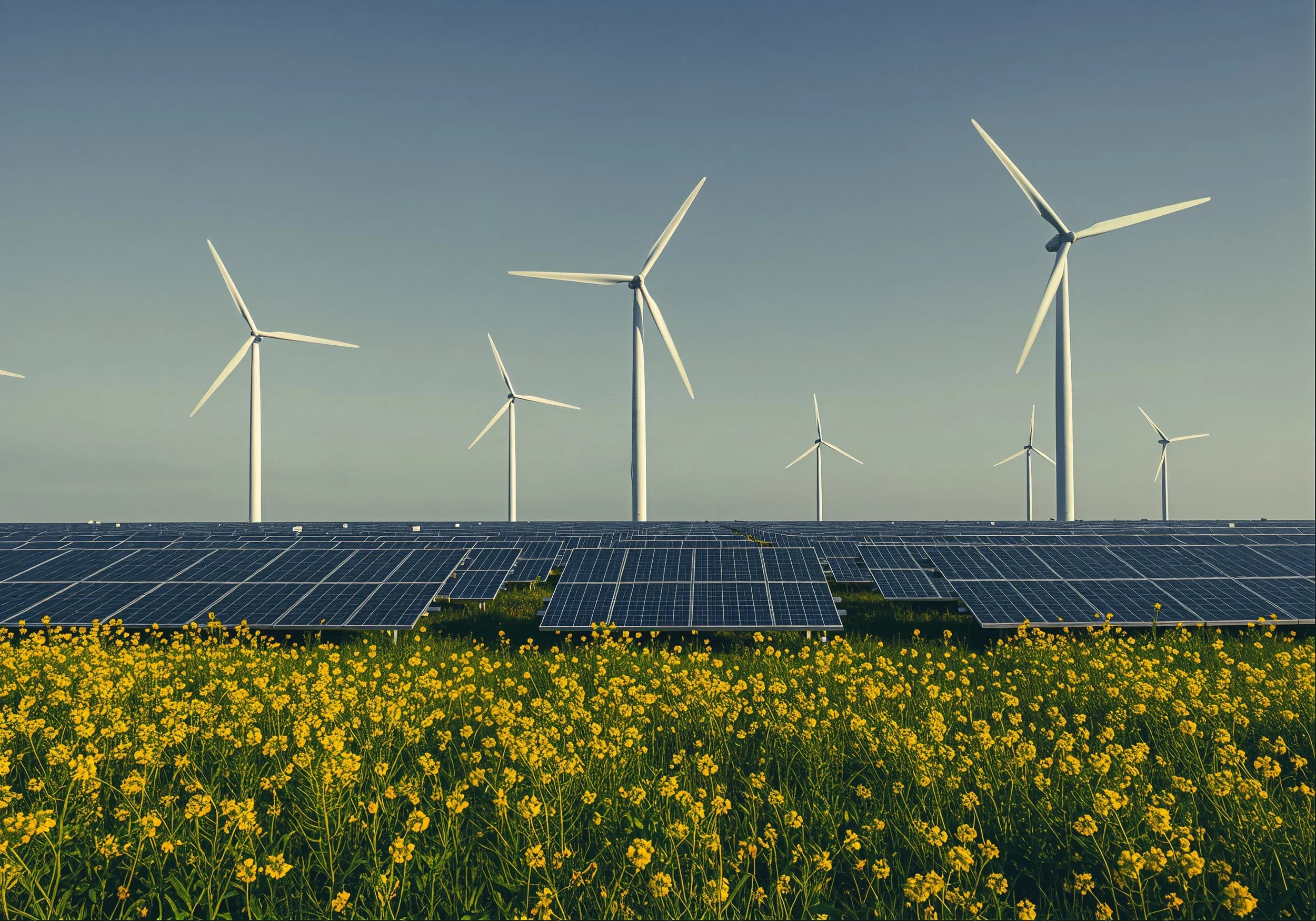 Wind turbines and solar panels in a flower field