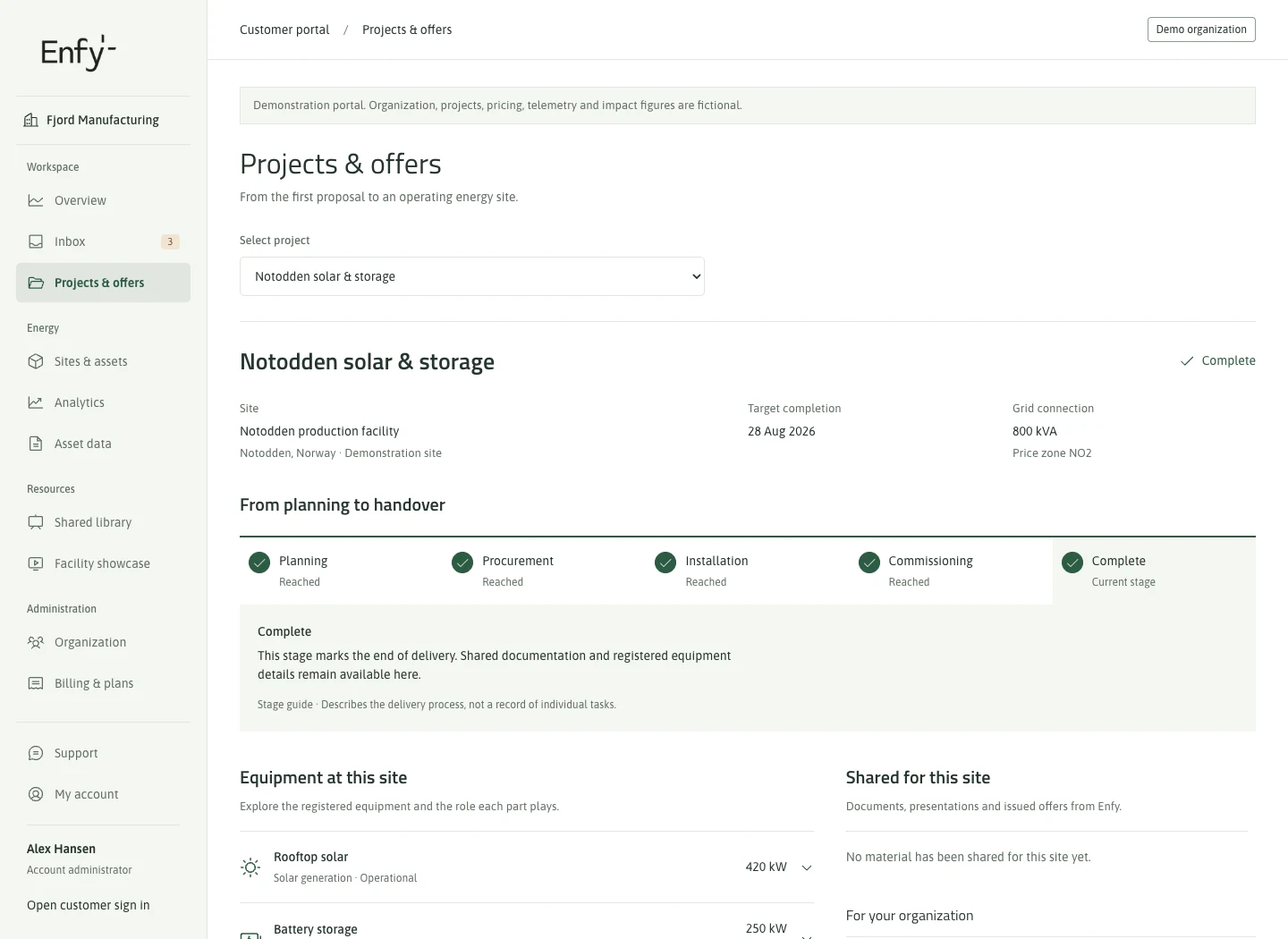 Projects and offers in the customer portal in light mode, showing progress on a fictional energy project.